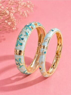 Blue Floral Enamel Bangle Bracelet Set